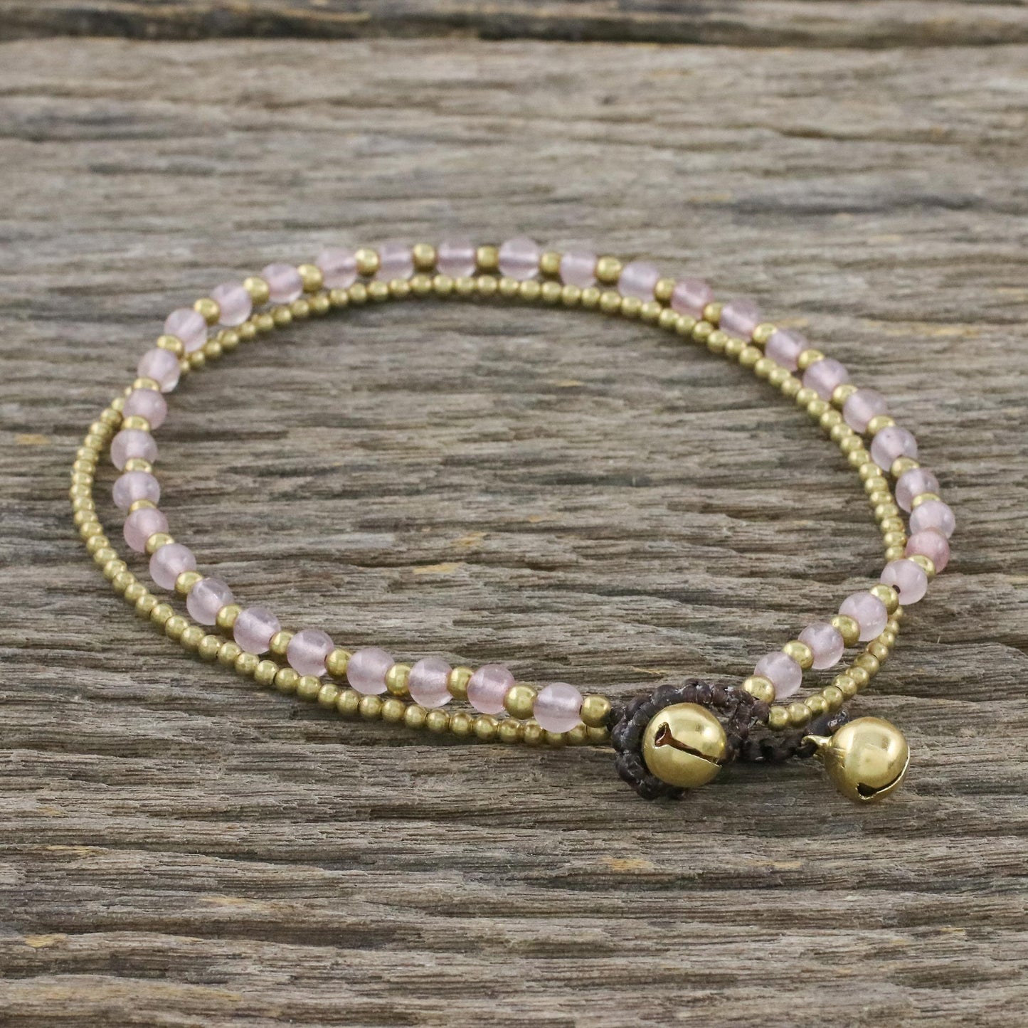 Ringing Beauty Rose Quartz and Brass Beaded Anklet from Thailand