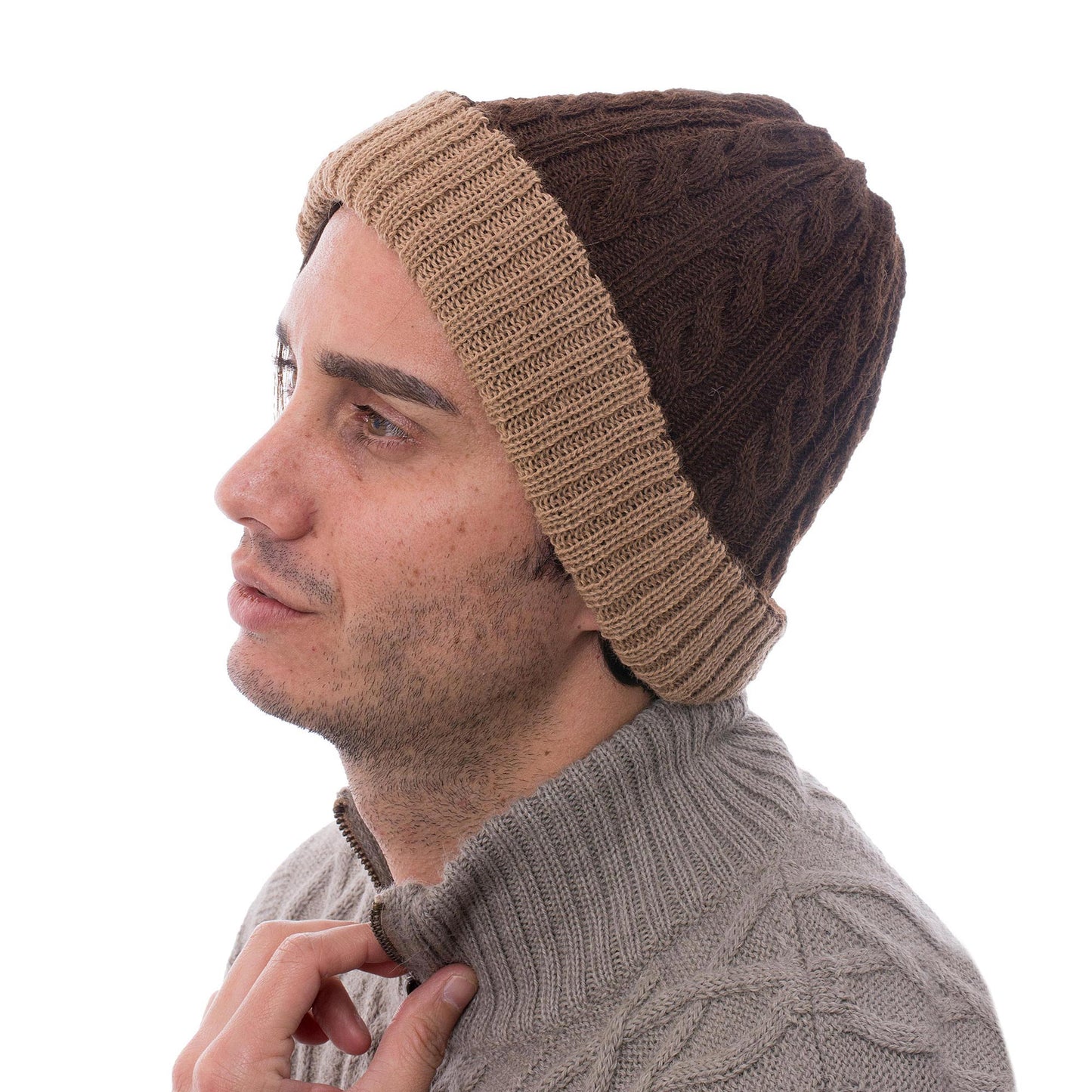 Warm and Comfy Peruvian Artisan Made 100% Alpaca Brown Reversible Cable Hat