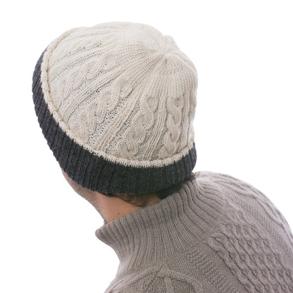 Warm and Contented 100% Alpaca White and Grey Reversible Knit Hat from Peru