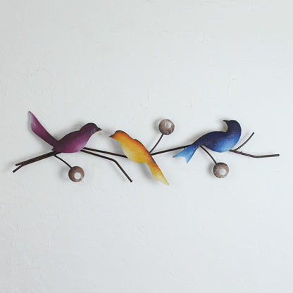 Singing Trio Steel Wall Sculpture of Three Colorful Birds from Mexico