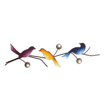 Singing Trio Steel Wall Sculpture of Three Colorful Birds from Mexico