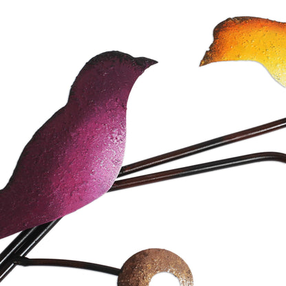 Singing Trio Steel Wall Sculpture of Three Colorful Birds from Mexico