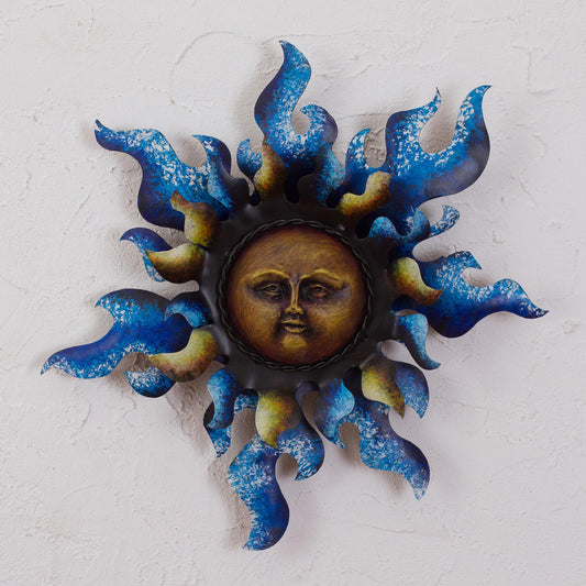 Radiant Star in Blue Sun Steel Wall Sculpture in Blue from Mexico