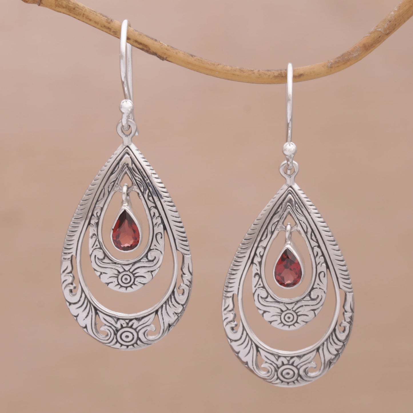 Gift of Flowers in Red Artisan Handmade Garnet 925 Sterling Silver Earrings