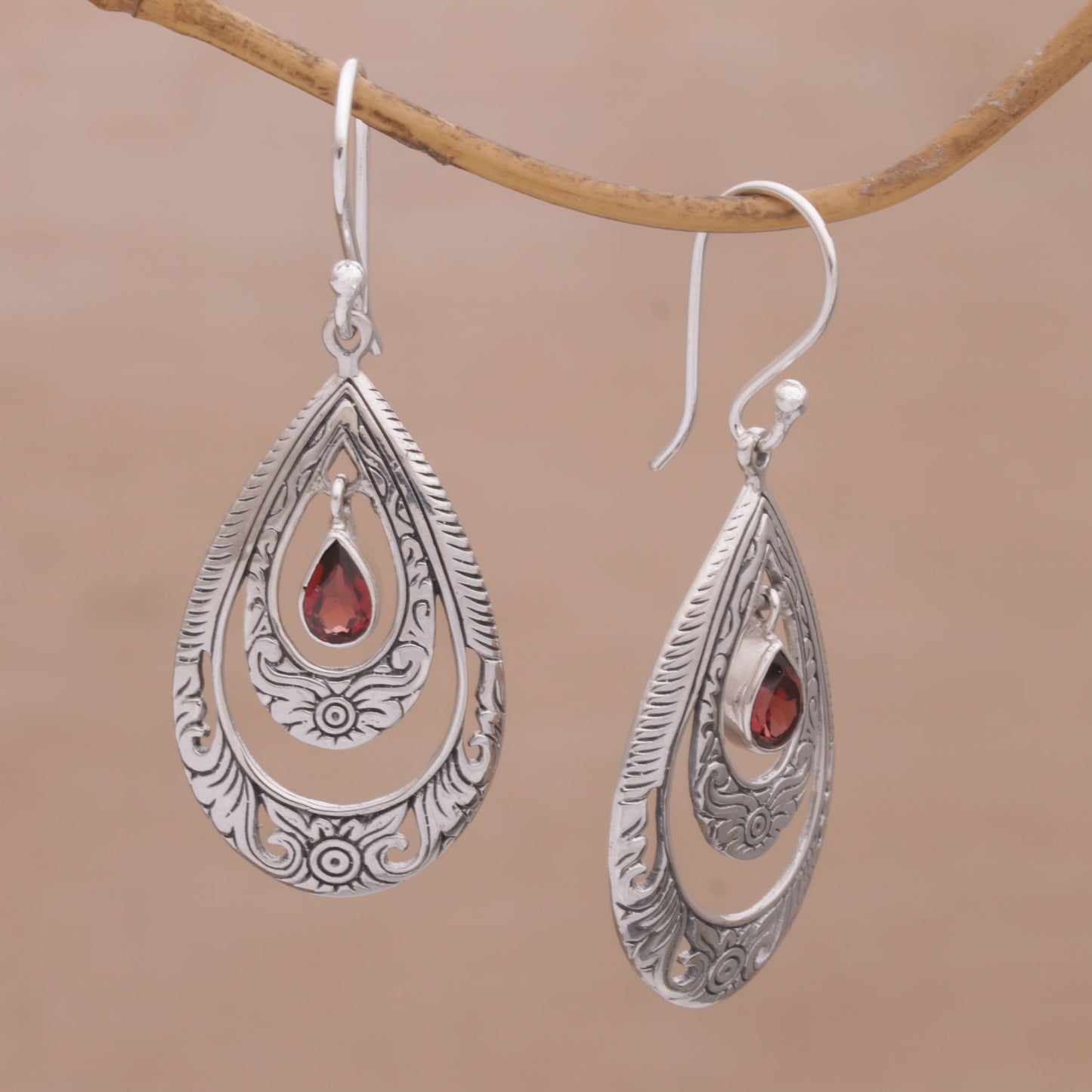 Gift of Flowers in Red Artisan Handmade Garnet 925 Sterling Silver Earrings