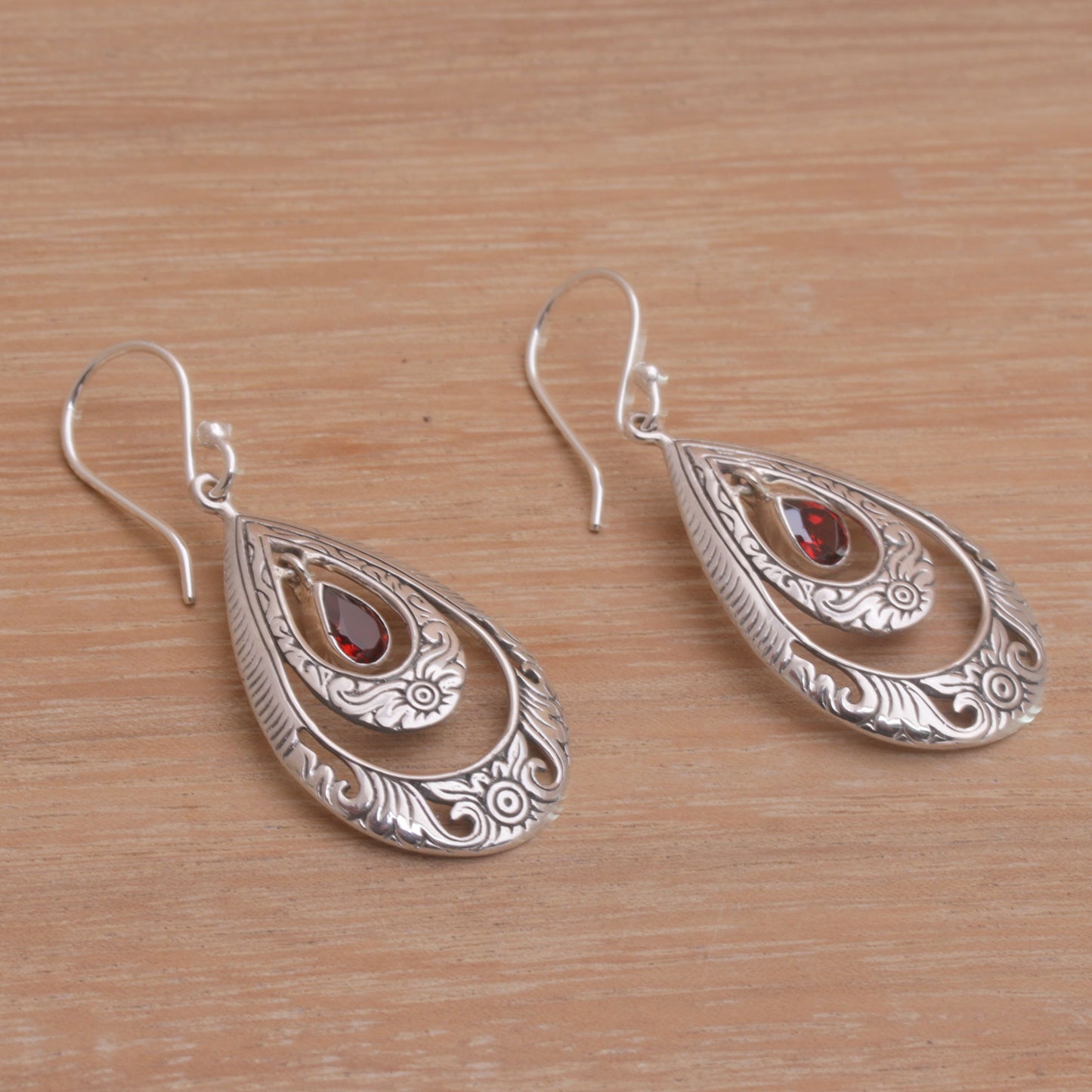 Gift of Flowers in Red Artisan Handmade Garnet 925 Sterling Silver Earrings