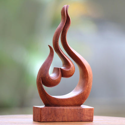 Lover's Passion Hand Carved Suar Wood Heart and Flame Abstract Sculpture