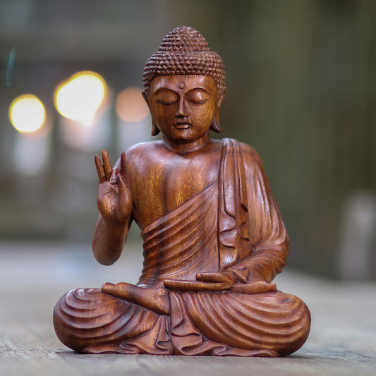 Buddha Peace Hand Crafted Balinese Suar Wood Buddha Meditation Statuette