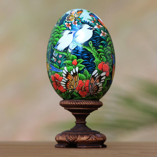 Fantastic Forest Hand Painted Albesia Wood Forest Animal Egg Sculpture