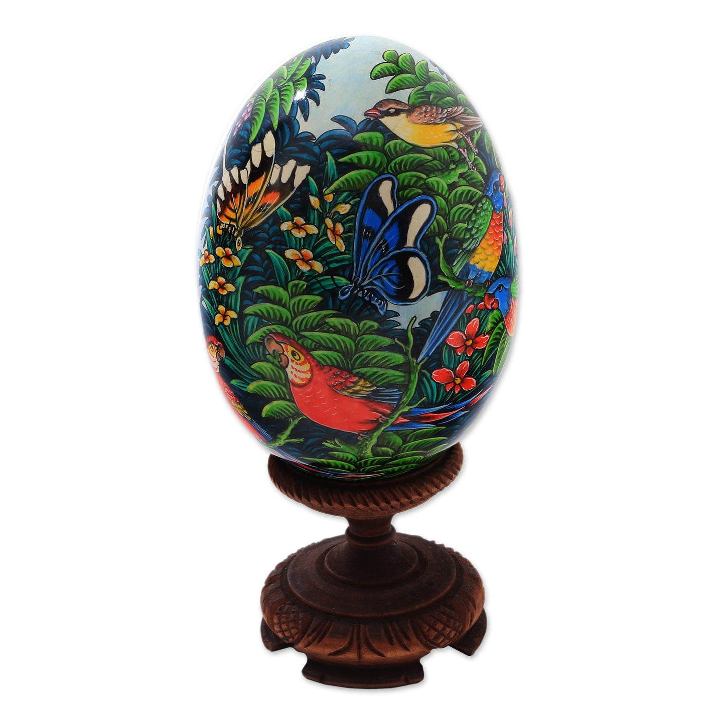 Fantastic Forest Hand Painted Albesia Wood Forest Animal Egg Sculpture