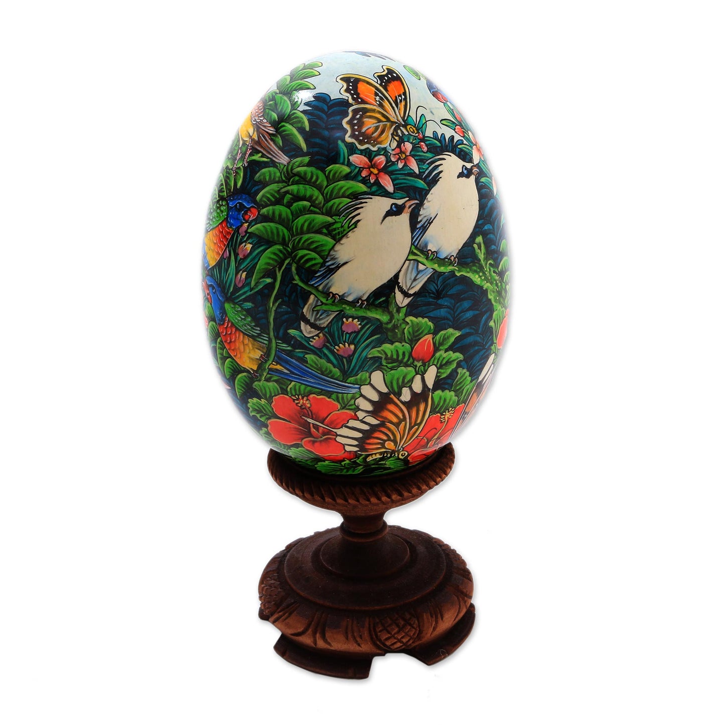 Fantastic Forest Hand Painted Albesia Wood Forest Animal Egg Sculpture