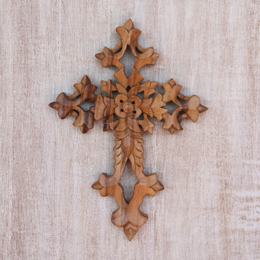 Faith Blooms Hand-Carved Floral Suar Wood Wall Cross from Bali