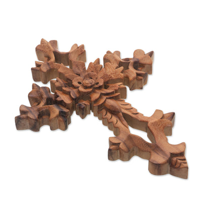 Faith Blooms Hand-Carved Floral Suar Wood Wall Cross from Bali