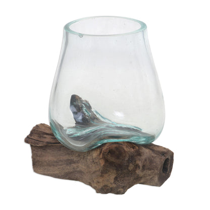 Clear Horizon Blown Glass and Albesia Wood Vase Made in Bali