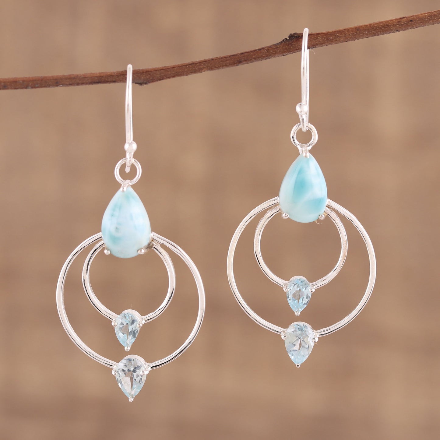 Sparkling Sky Blue Topaz and Larimar Dangle Earrings from India