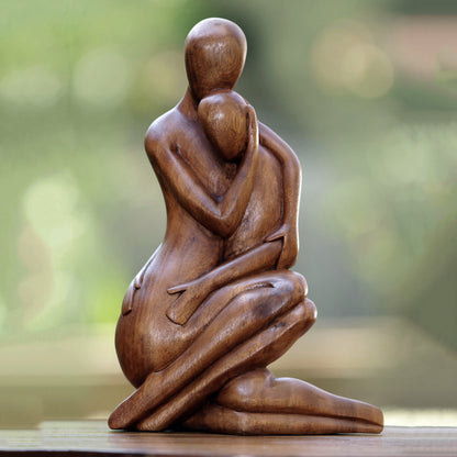Mom's Love Never Ends Hand-Carved Romantic Suar Wood Sculpture from Bali