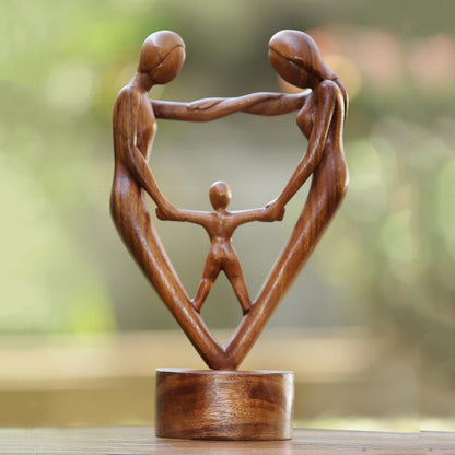 Our Blessing Hand-Carved Parents and Child Blessing Suar Wood Statuette