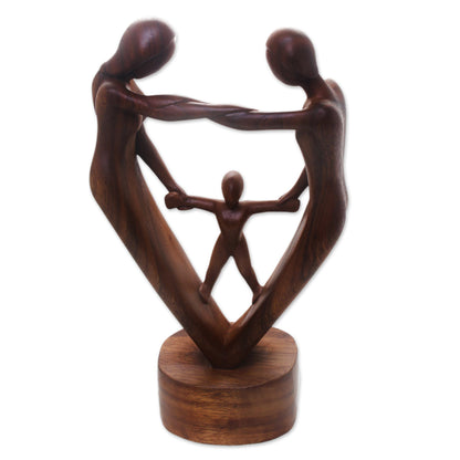 Our Blessing Hand-Carved Parents and Child Blessing Suar Wood Statuette