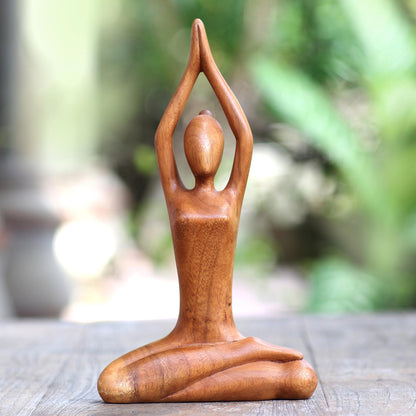 To the Sky Hand Carved Yoga Sitting Pose Suar Wood Sculpture