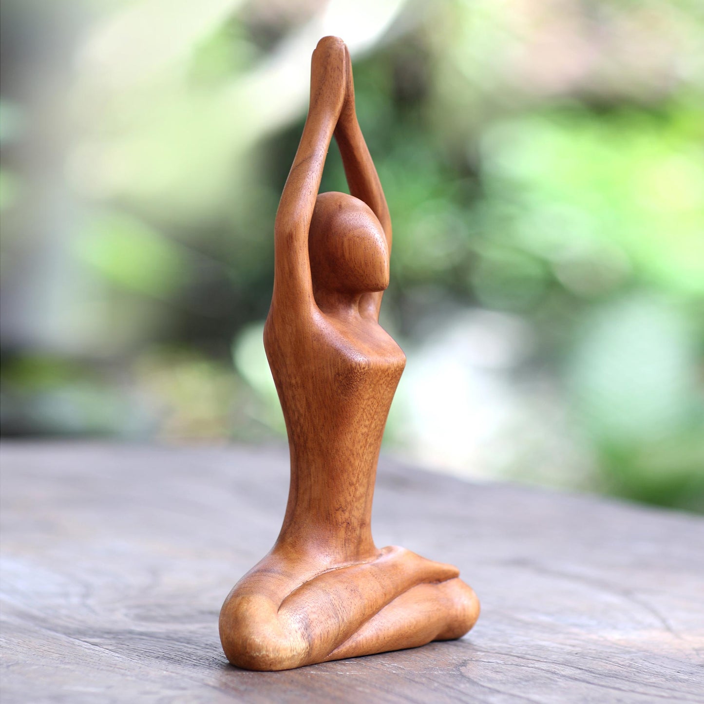 To the Sky Hand Carved Yoga Sitting Pose Suar Wood Sculpture