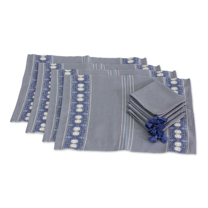 Striped Paths in Graphite Cotton Table Linen Set (4) in Graphite from Guatemala