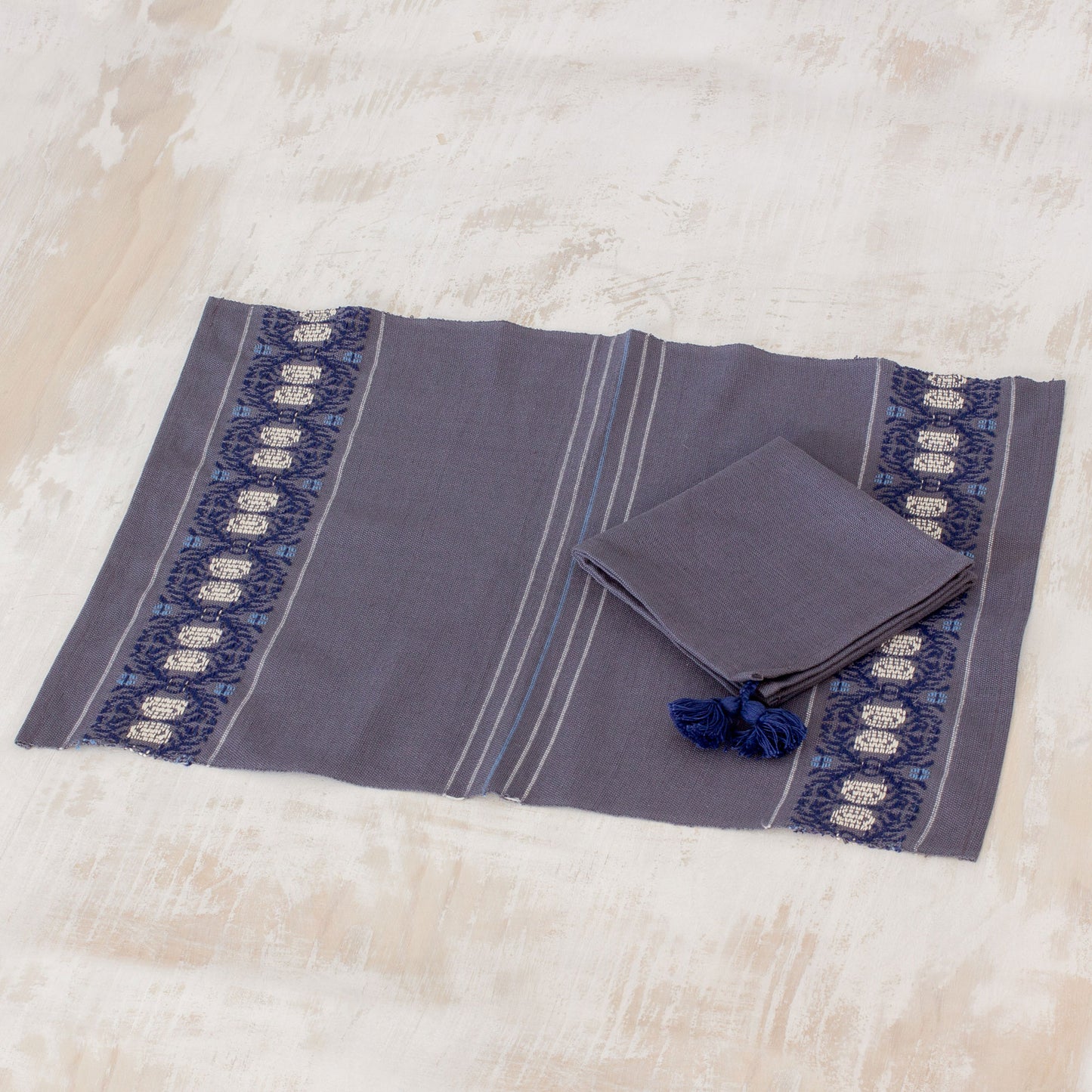 Striped Paths in Graphite Cotton Table Linen Set (4) in Graphite from Guatemala