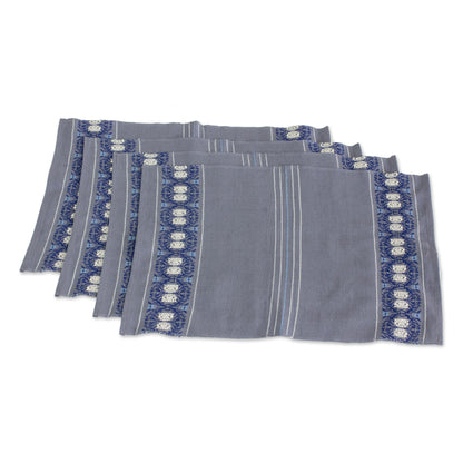Striped Paths in Graphite Cotton Table Linen Set (4) in Graphite from Guatemala