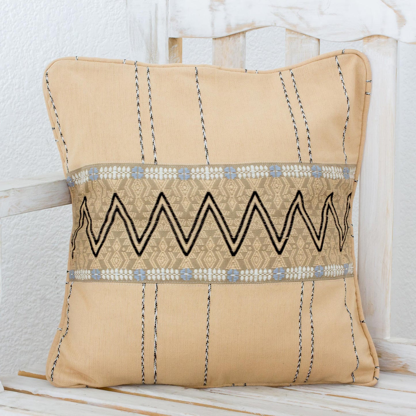 Zigzag Lines in Wheat Handwoven Cotton Cushion Cover in Wheat from Guatemala