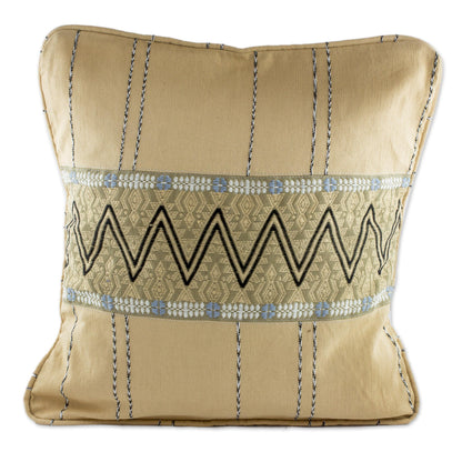 Zigzag Lines in Wheat Handwoven Cotton Cushion Cover in Wheat from Guatemala