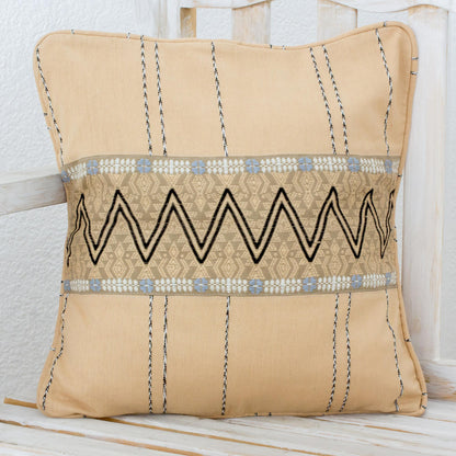 Zigzag Lines in Wheat Handwoven Cotton Cushion Cover in Wheat from Guatemala