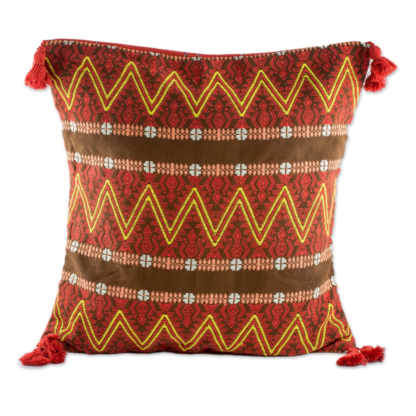 Zigzag Paths in Chestnut Zigzag Motif Cotton Cushion Cover in Chestnut from Guatemala
