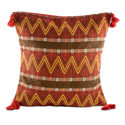 Zigzag Paths in Chestnut Zigzag Motif Cotton Cushion Cover in Chestnut from Guatemala