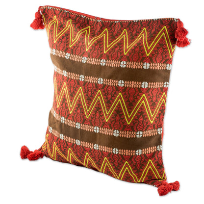 Zigzag Paths in Chestnut Zigzag Motif Cotton Cushion Cover in Chestnut from Guatemala