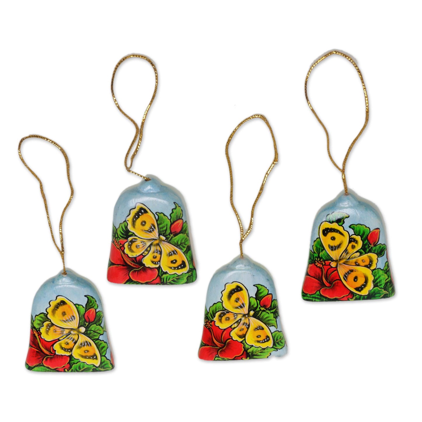 Bells and Butterflies Hand Painted Bell Ornaments with Butterflies (Set of 4)