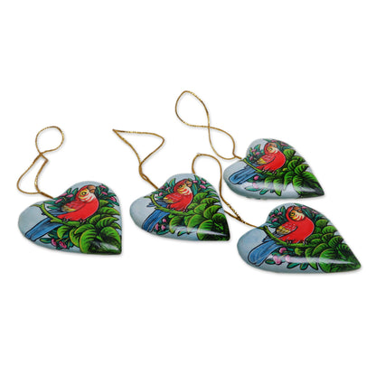 Birds in My Heart 4 Hand Painted Heart Ornaments with Scarlet Macaws