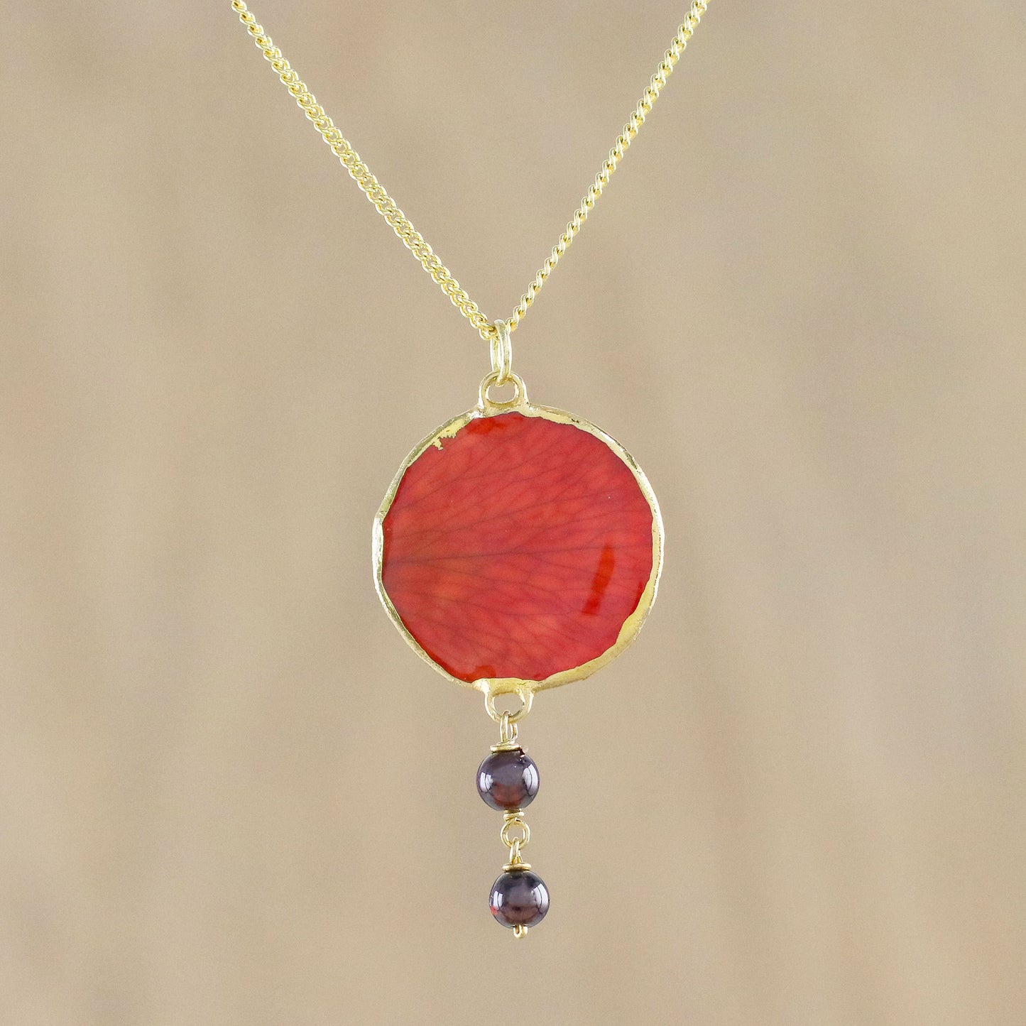 Autumn Red Rose Garnet and Gold Plated Natural Rose Petal Pendant Necklace