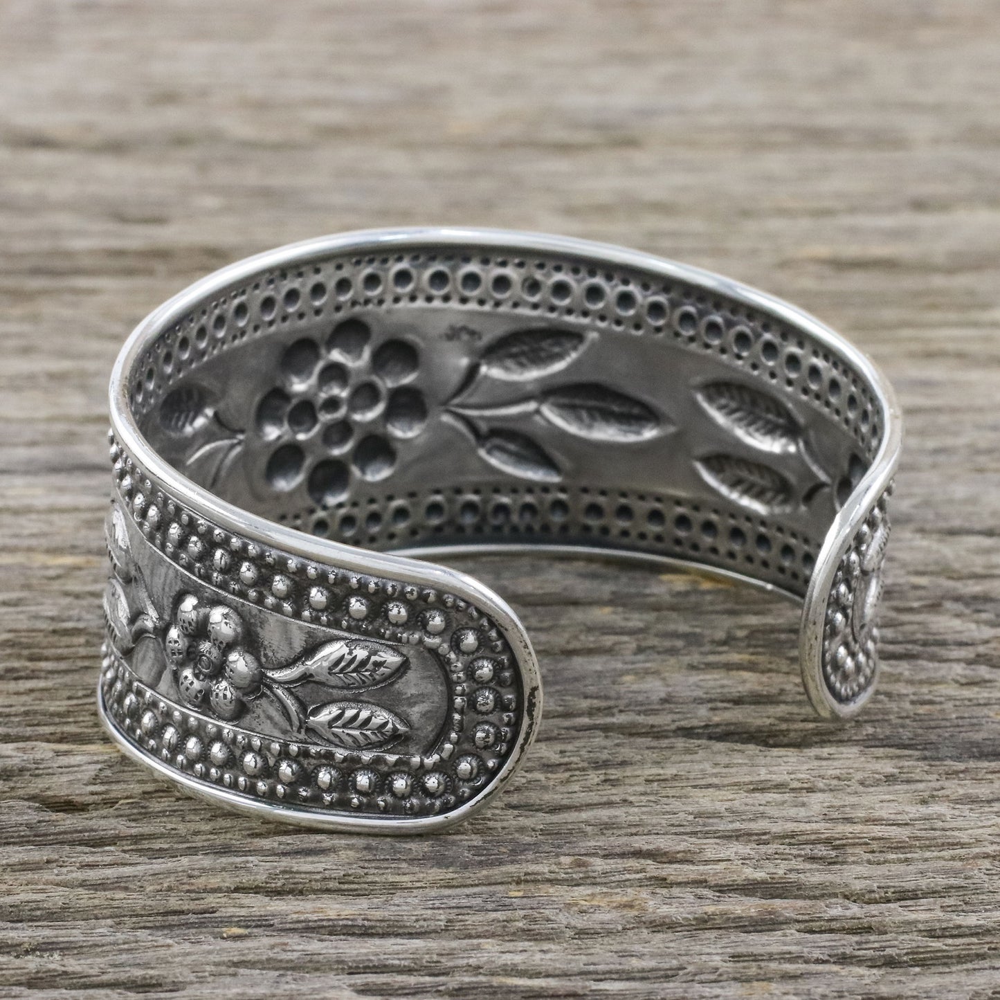 Pleasure in Paradise Handmade Sterling Silver Floral Cuff Bracelet from Thailand