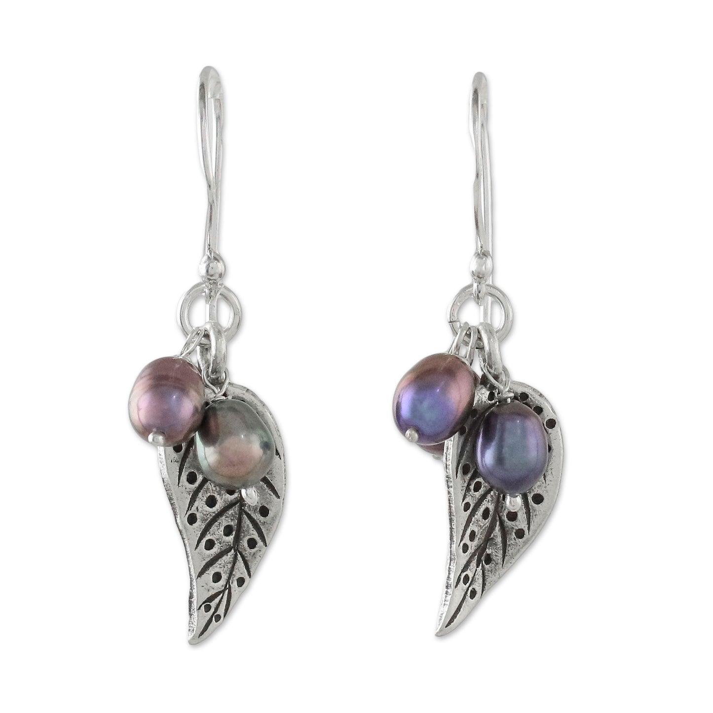 Lively Leaves in Grey Grey Cultured Pearl and Silver Leaf Earrings from Thailand