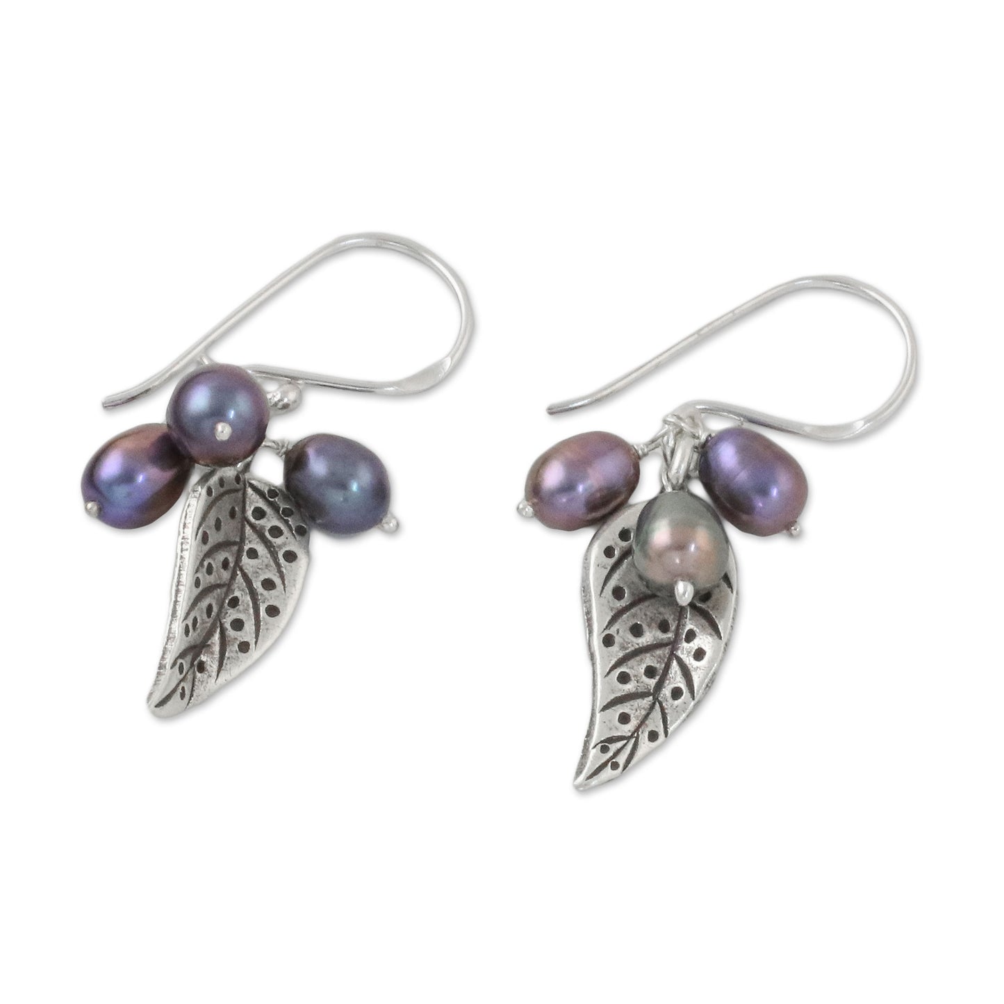 Lively Leaves in Grey Grey Cultured Pearl and Silver Leaf Earrings from Thailand