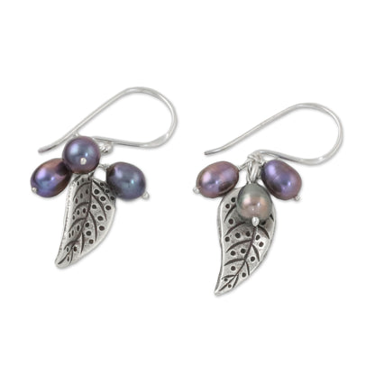 Lively Leaves in Grey Grey Cultured Pearl and Silver Leaf Earrings from Thailand