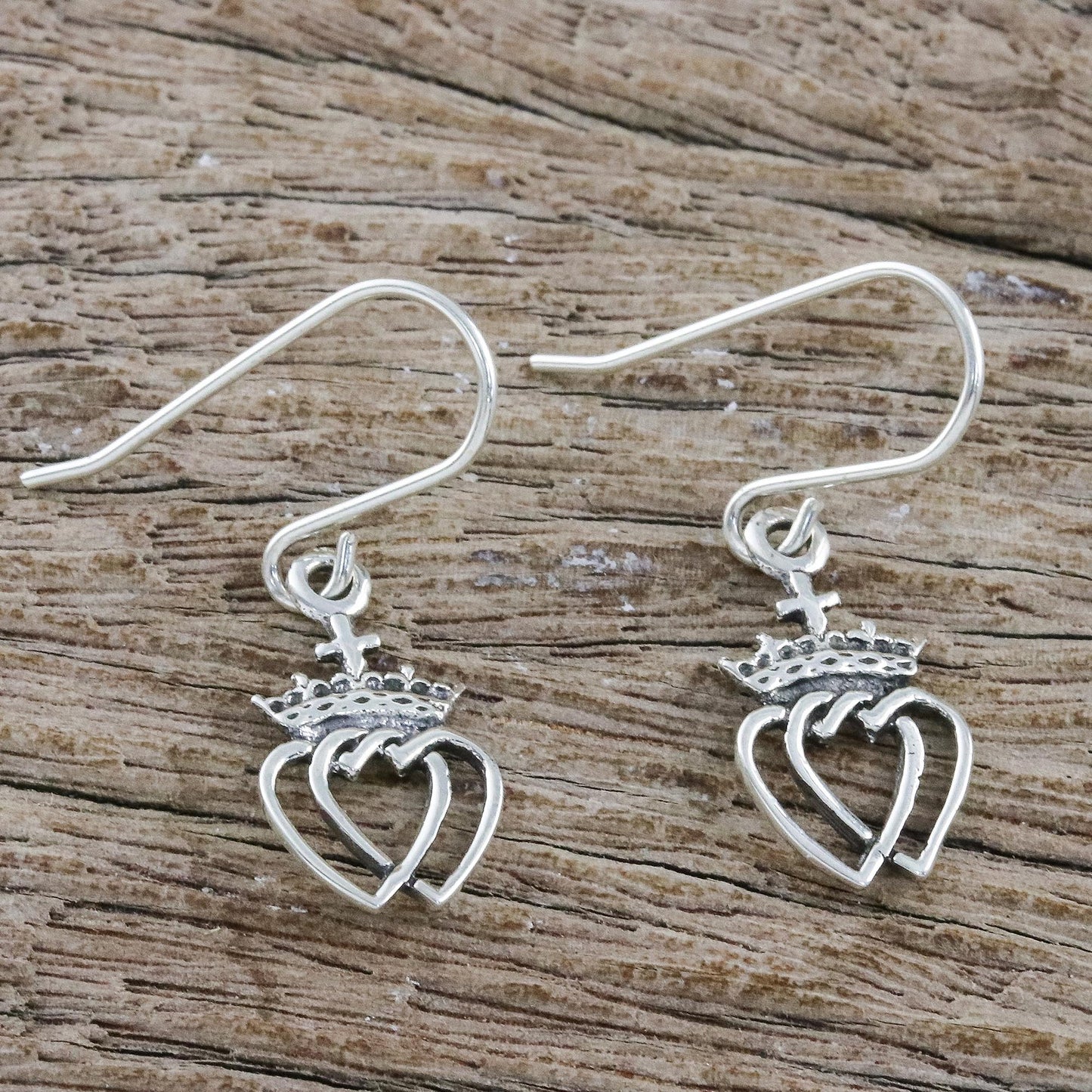 Crowned Hearts Silver Dangle Earrings