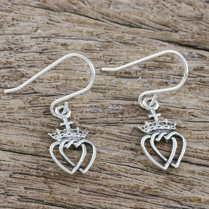 Crowned Hearts Silver Dangle Earrings