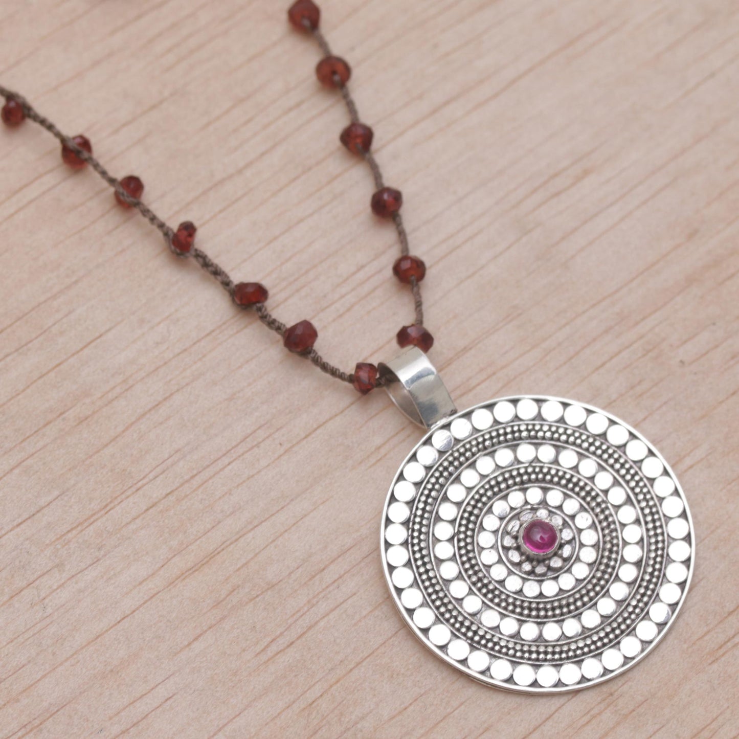 Shining Shield in Brown Handmade 925 Sterling Silver Rhodolite Cord Pendant Necklace