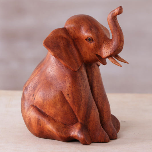 Elephant Child Hand Carved Suar Wood Baby Elephant Sculpture