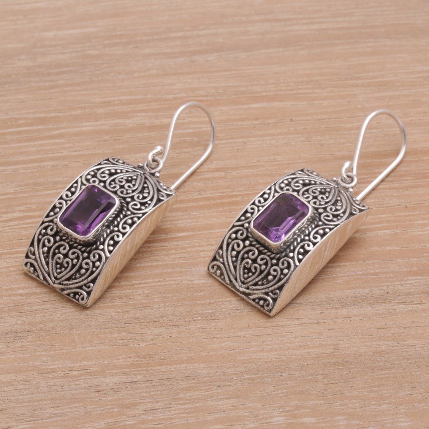 Mystical Sanctuary Rectangular Amethyst and Sterling Silver Dangle Earrings