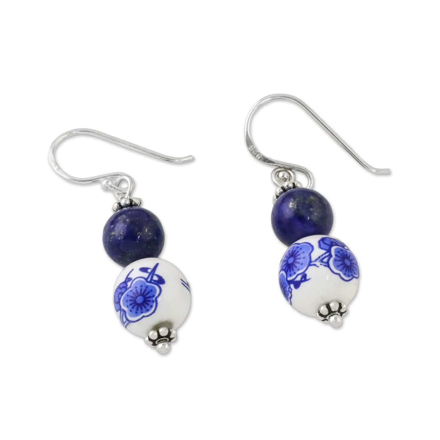 Ming Lotus Artisan Handmade 925 Sterling Silver Lapis Lazuli Earrings