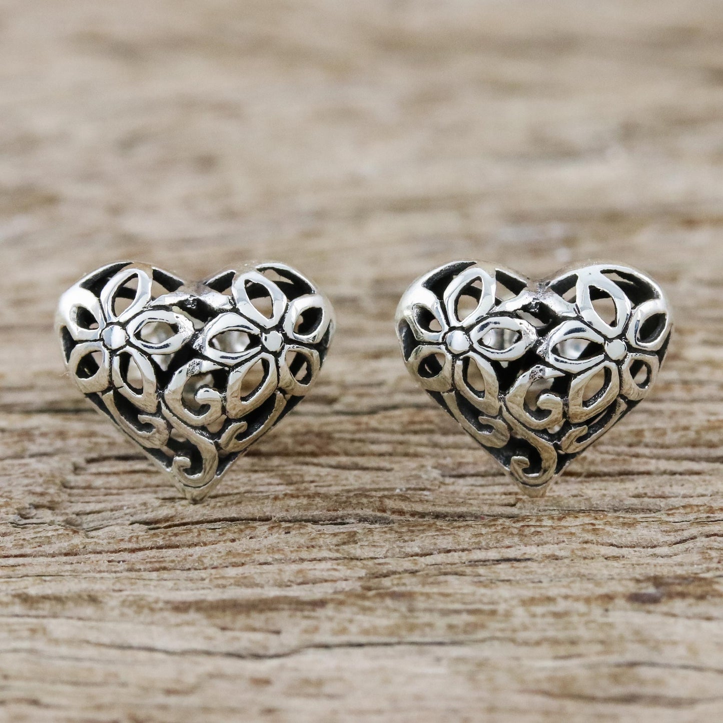 Petaled Hearts Floral Heart-Shaped Sterling Silver Earrings from Thailand