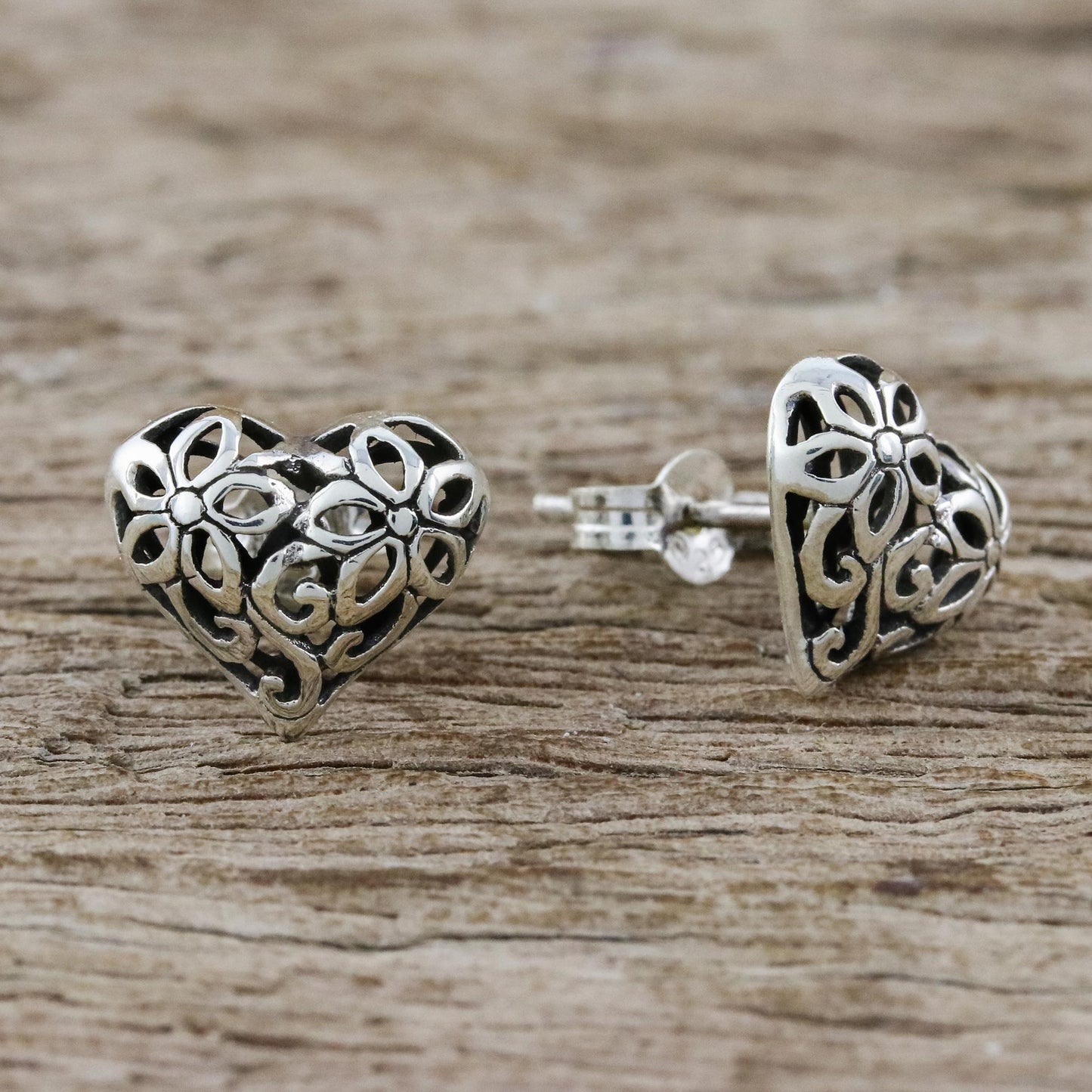 Petaled Hearts Floral Heart-Shaped Sterling Silver Earrings from Thailand