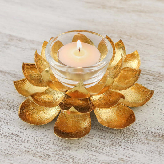 Gleaming Lotus Lotus Shaped Steel Tealight Holder from Thailand