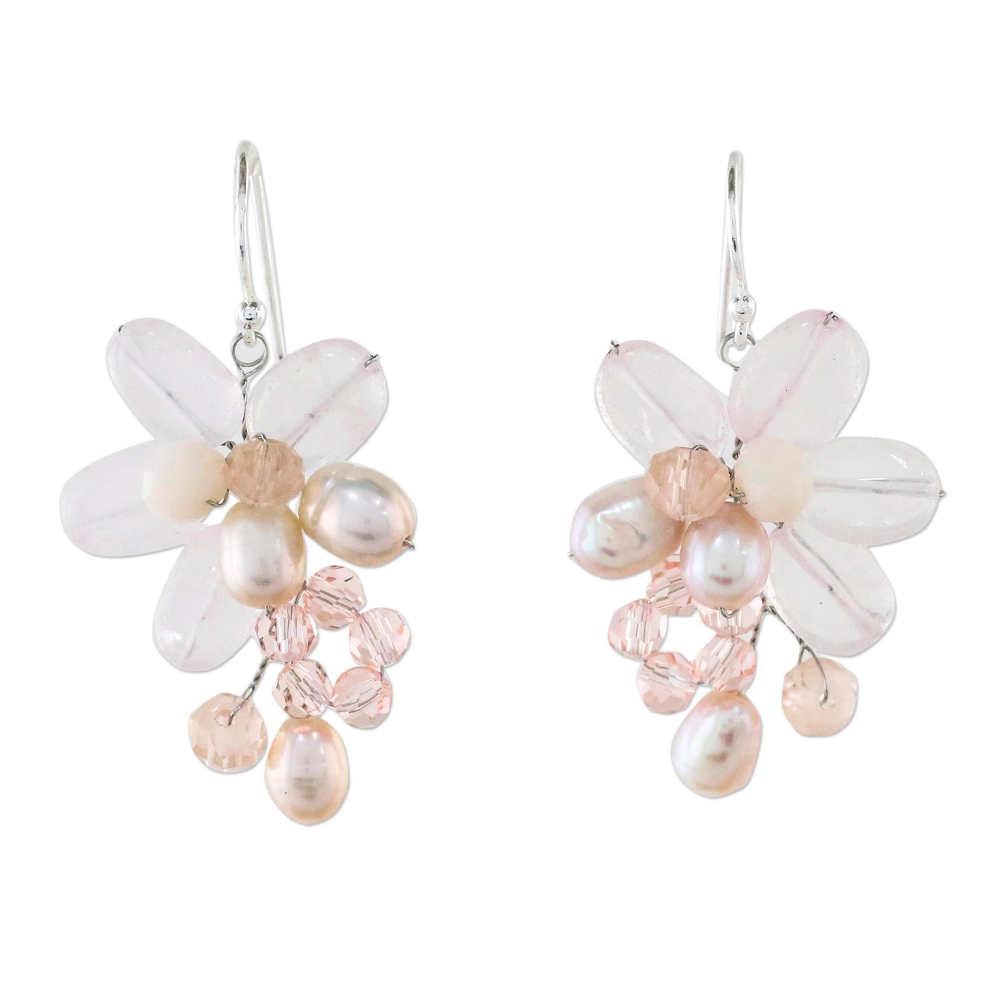 Elegant Flora Rose Quartz and Cultured Pearl Dangle Earrings from Thailand